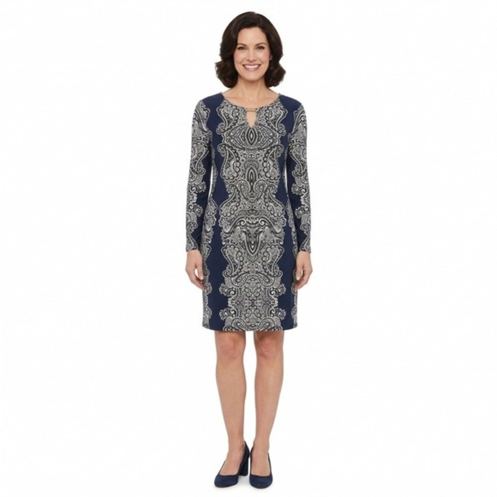 Sunny Leigh Navy Blue Paisley Medallion Sheath Dress Long Sleeve Keyhole Large